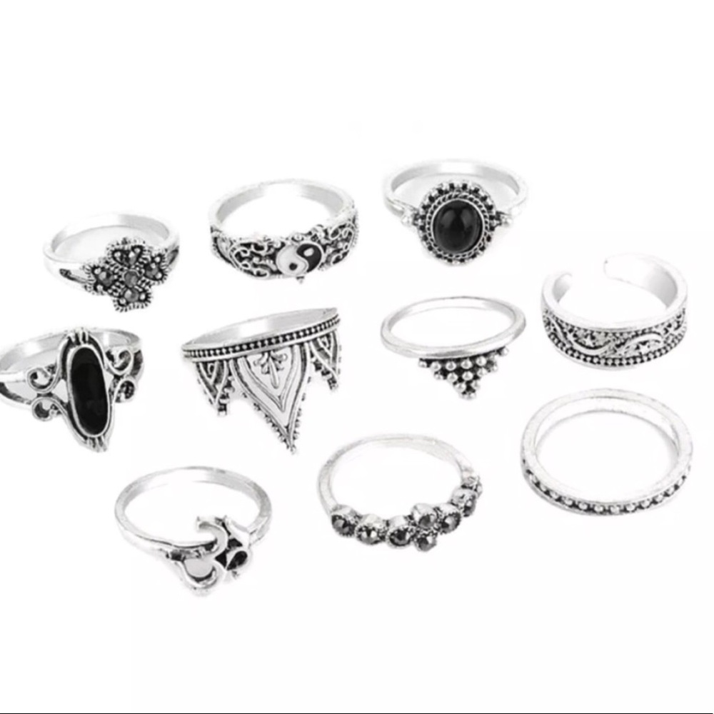 10pc BOHO RING SET black SILVER Ohm band crown - Picture 2 of 4